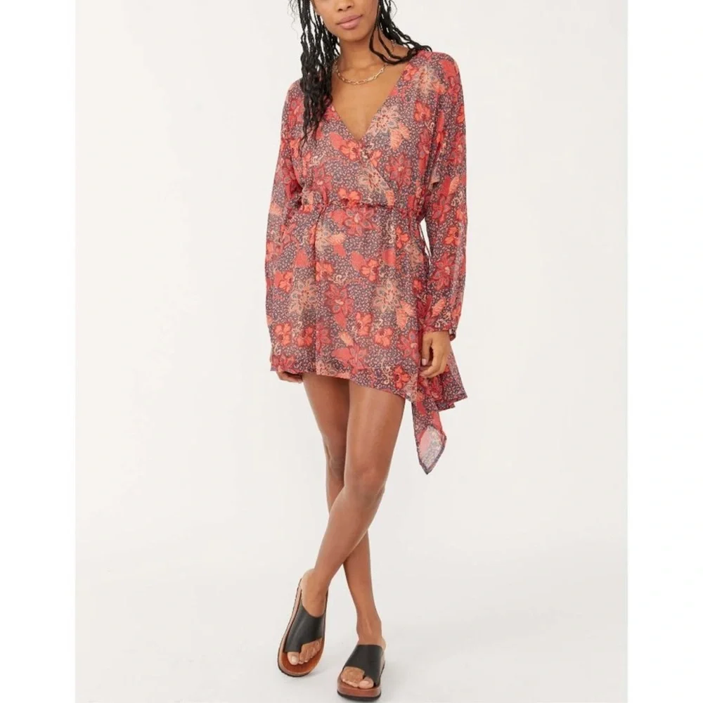 Free People Teegan Floral Faux Wrap Long Sleeve Mini Dress Size S NEW with Tag